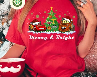 Lighting Mcqueen & Mater Christmas Tree T-shirt, Merry and Bright shirt, Disney Cars Christmas shirt, Mickey's Very Merry Xmas Party 2024