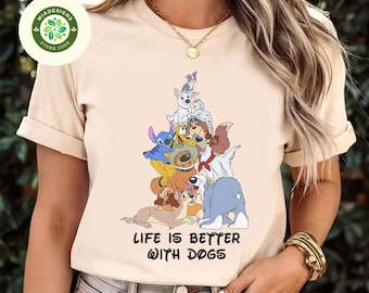 Life is Better With Dogs T-shirt, Vintage Retro Disney Dogs shirt, 101 Dalmatians Lady and the Tramp Pluto Stitch dog lover shirt