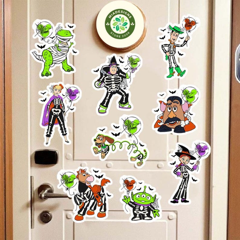 May include: A collection of Halloween-themed stickers featuring characters from a popular animated movie, each depicted in skeleton costumes. The stickers include a dinosaur, Buzz Lightyear, Woody, and others, holding balloons. Bats are scattered around the stickers.