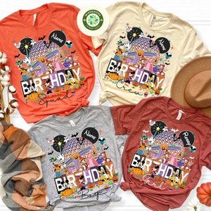 May include: Four t-shirts in orange, beige, gray, and red-brown, each featuring a colorful graphic design. The design includes cartoon characters, a large structure, the word "BIRTHDAY", and the words "Squad", "Crew", "Boy", and "Girl".