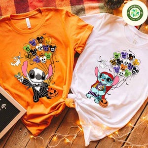 Stitch Angel Cosplay Jack Skellington Sally Couple Disney Halloween Shirt, WDW Disneyland Balloons Couple Matching, Mr & Mrs Halloween Trip