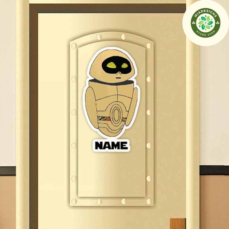 May include: A gold robot character with yellow eyes and a black belt. The robot is on a white background with the word "NAME" printed below it.