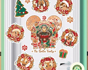 May include: A white door decorated with Christmas-themed wreaths featuring cartoon characters like Mickey Mouse, Goofy, and Pluto. The wreaths are adorned with red, green, and gold accents. The text "Very Merry Time Cruise" and "The Smith Family" are displayed on the door.