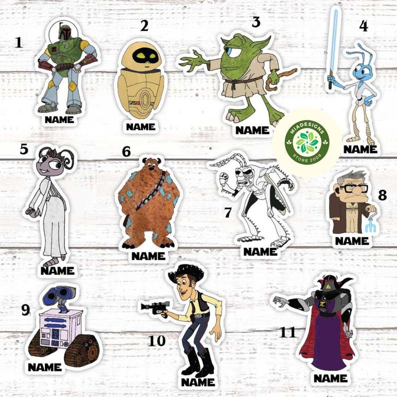 May include: Eleven colorful stickers featuring cartoon characters from popular movies. The stickers are printed on white paper with black outlines and feature the character's name below each image.