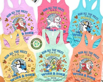 Run all the Miles Eat all the snacks Disney Wine & Dine Half Marathon Weekend 2026 Shirt Epcot Tanktop Marie Grumpy The Three Caballeros Tee