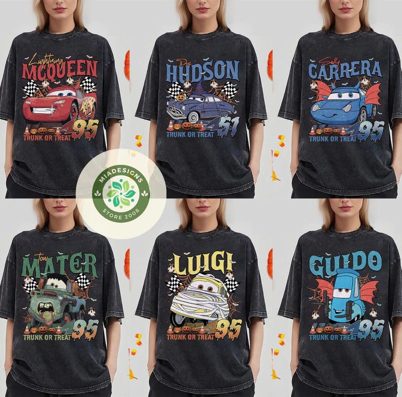 May include: Six dark gray t-shirts featuring Halloween-themed designs of characters from the movie Cars. Each shirt has a different character's name, a number 95, and the phrase "Trunk or Treat".