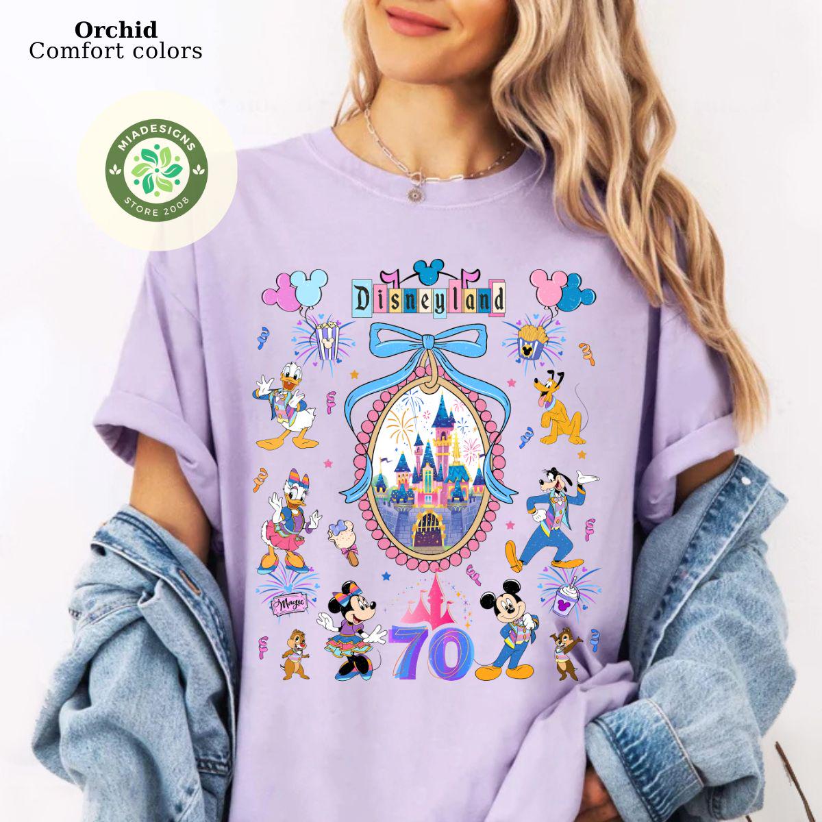 Coquette bows Disneyland 70th anniversary Shirt, Mickey & friends 70 magical years shirt, Platinum Celebration Girls trip shirt