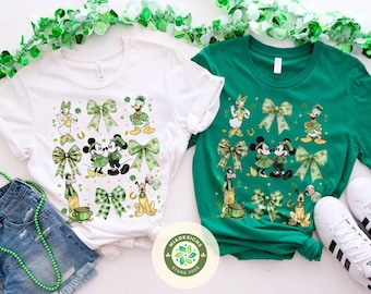 Coquette bows Disney St. Patrick’s Day Shirt, Mickey & friends Shamrock Lucky Irish Shirt, WDW Disneyland Family Shenanigans Tee