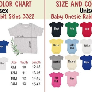May include: Color chart for unisex baby shirts and onesies. The chart includes various colors like black, blue, and pink, with size and measurement details. The text reads "Baby Shirt Rabbit Skins 3322" and "Baby Onesie Rabbit Skins 4400".