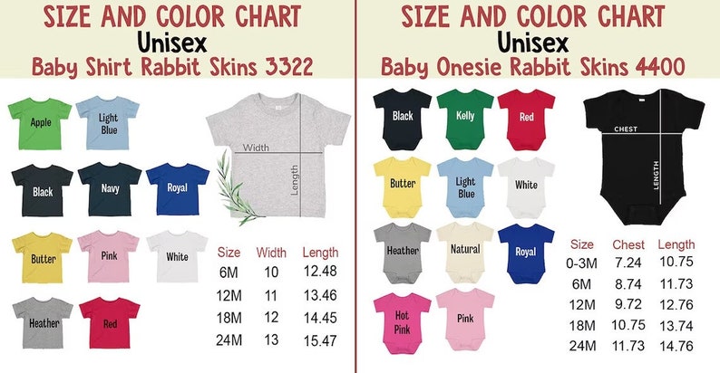 May include: Color chart for unisex baby shirts and onesies. The chart includes various colors like black, blue, and pink, with size and measurement details. The text reads "Baby Shirt Rabbit Skins 3322" and "Baby Onesie Rabbit Skins 4400".