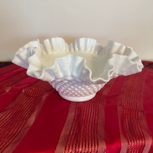Vintage Fenton Milk Glass Hobnail Ruffled Bowl