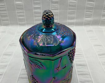 Bote de cristal Carnival vintage azul/púrpura iridiscente.