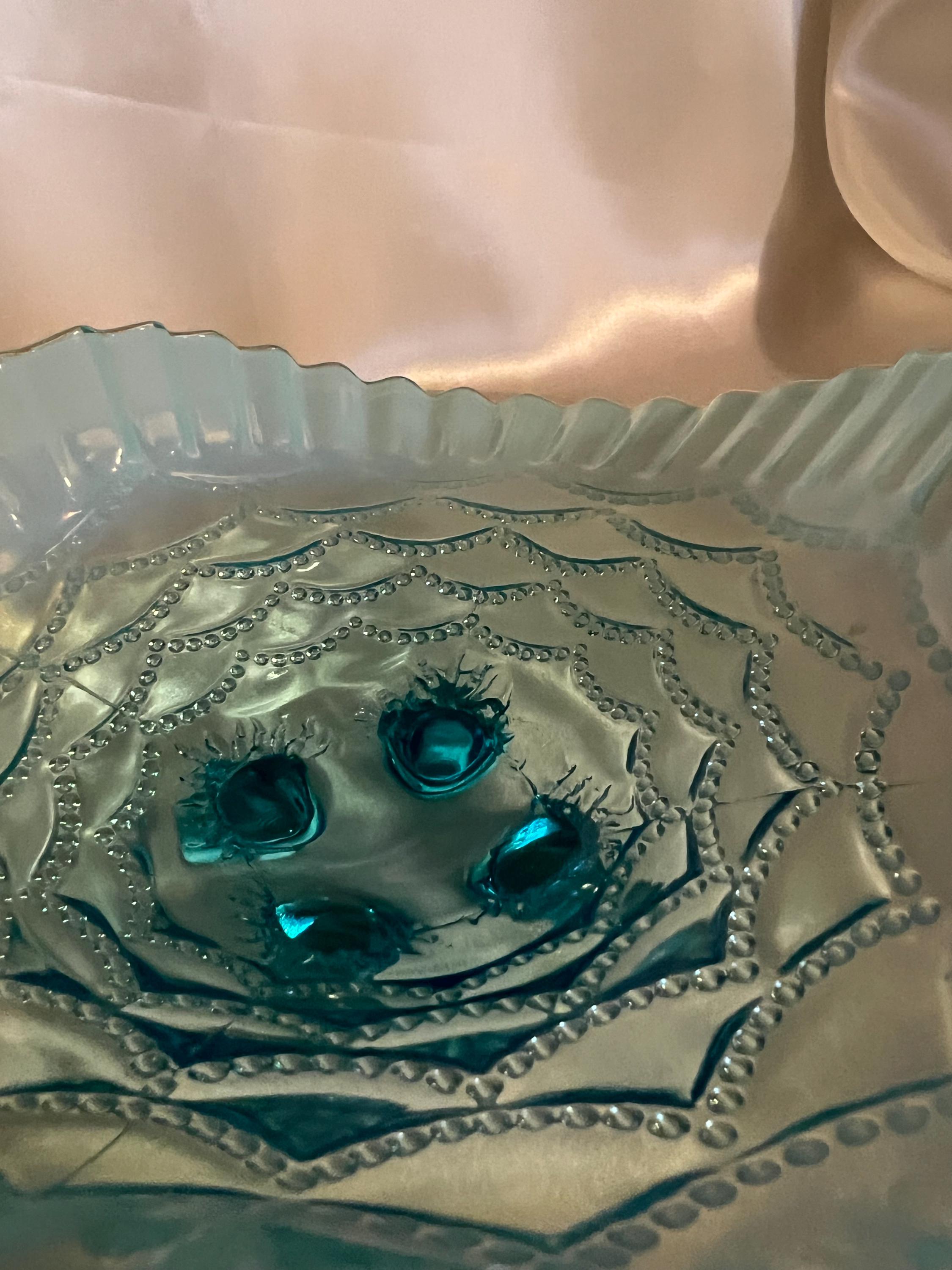 ヴィンテージ ノースウッド ビーズドレープ　ボウル　フリルエッジ　オパルセント アンティーク ノースウッド ブルー オパール ガラス ビーズ ドレープ