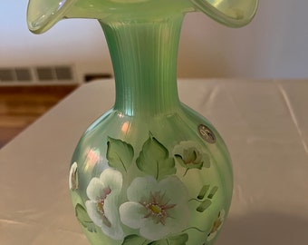 Fenton Sea Foam/Willow Green Rib Optic Opalescent Hand Painted 95th Anniversary Vase
