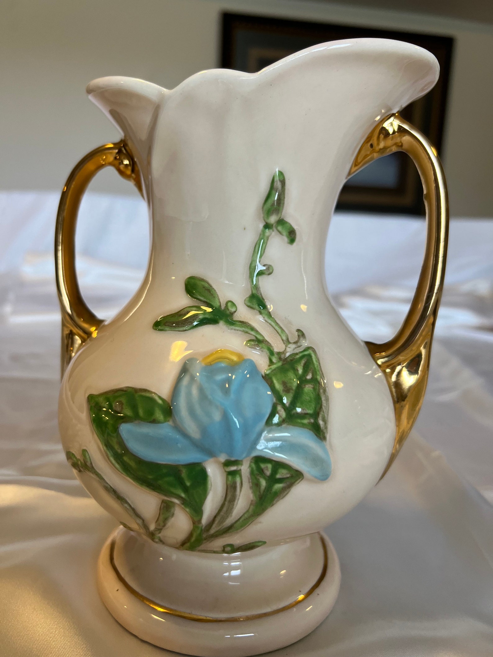 Vintage Hull Art Vase Blie Flower -double Handles -gold Trim-usa-h-9-8 ...