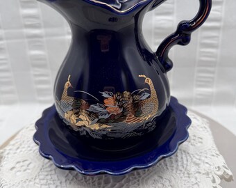 Vintage Cobalt Blue Pitcher and Basin with Gold Trim.