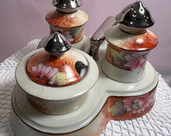 Vintage Noritake Lusterware Salt & Pepper Set with Tray: Hand-Painted Japan