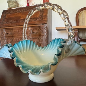Sheer White Opalescent Glass Basket, Blue Kissed Edges, Clear Applied Handle, 8.5&quot;W, 7.5&quot;H, Wedding Basket