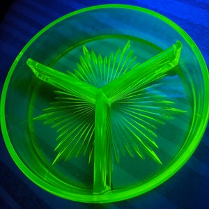 Yellow Uranium Vaseline Glass, Round Divided Candy Nut Dish, Antique