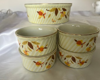 Set 4 3-3/4" Hall Autumn Leaf Jewel Tea Souffle French Baker Dishes/ 8" Round Casserole Jewel Tea Autumn Leaf French Baker Casserole Dish