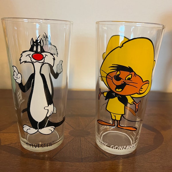 Vintage 1973 Speedy & Sylvester Pepsi Collector Glasses Warner Bros Looney Tunes