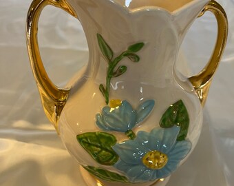 Vintage Hull Art Vase Blie Flower -Double Handles -Gold Trim-USA-H-9-8 1/2