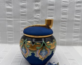 Barattolo per tabacco in ceramica vintage da 7 pollici con manico per pipa color oro