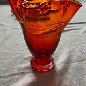Kreiss Red Orange Handkerchief Glass Vase Hand Made In Japan Aubergine Vintage