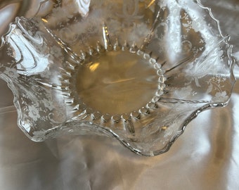 Large Crimped Bowl Vintage Elegant Glass Prelude Etched Pattern Radiance New Martinsville Viking Glass