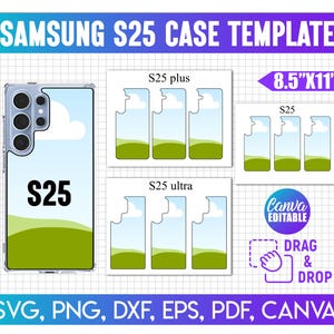 以下が含まれることがあります： Samsung S25の携帯電話ケースのテンプレート。透明なケースに風景デザインと「S25」の文字が入っています。S25 PlusとUltraモデルのテンプレートも含まれています。画像には、ファイル形式のオプションとCanvaの編集手順も表示されています。