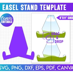 Puede incluir: Una plantilla de caballete morado con el texto "EASEL STAND TEMPLATE". El diseño incluye un logotipo "Canva Editable" y un diagrama etiquetado "8"x11" SHEET". La imagen también presenta opciones de tipo de archivo: SVG, PNG, DXF, EPS, PDF y CANVA.