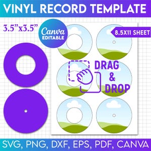 May include: A vinyl record template with the text "VINYL RECORD TEMPLATE". The design includes purple record cutouts, and a sheet with six circular designs with a drag and drop graphic. The template is 3.5" x 3.5" and 8.5" x 11".