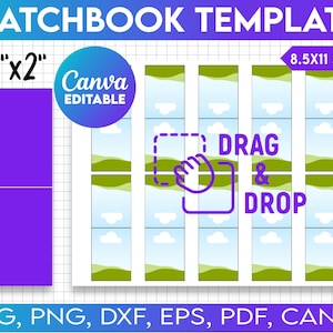 May include: A printable template for creating matchbook covers. The template features a blue sky with white clouds, green hills, and a light green wavy line. The template is designed to be used with Canva and includes instructions to drag and drop elements. The template is 1.5 inches by 2 inches and is designed to fit on an 8.5 by 11 inch sheet of paper. The template is available in SVG, PNG, DXF, EPS, PDF, and Canva formats.