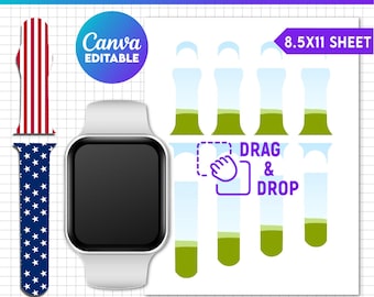 Könnte beinhalten: Eine digitale Armbanduhren-Vorlage mit einem weißen Zifferblatt und einem schwarzen Bildschirm. Die Vorlage enthält fünf Armbanduhren-Designs mit einem blau-weiß gestreiften Muster, einem blau-weiß gestreiften Sternmuster und drei einfarbigen Armbändern mit einem grün-weißen Farbschema. Der Text "DRAG & DROP" ist auf der Vorlage enthalten. Der Text "8.5X11 SHEET" ist ebenfalls auf der Vorlage enthalten. Der Text "Canva EDITABLE" ist auf der Vorlage enthalten.