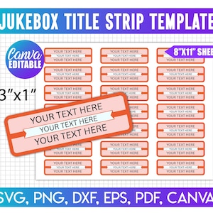 May include: A sheet of printable jukebox title strip templates. The design features multiple rectangular labels with the text "YOUR TEXT HERE" in a coral colour. The sheet is 20.3cm x 28cm and the individual labels are 7.6cm x 2.5cm. The image also includes the text "JUKEBOX TITLE STRIP TEMPLATE".