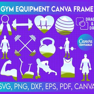 Op de afbeelding: Een paarse afbeelding met witte en groene illustraties van fitnessapparatuur, waaronder dumbbells, een hart met een puls en een fitnessbal. Tekst bevat "GYM EQUIPMENT CANVA FRAME", "DRAG & DROP" en bestandstype-opties.