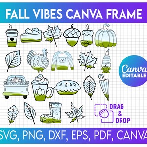 Fall Canva Frames Bundle, Retro Fall Halloween Canva Frames, Spooky Season Thanksgiving, Autumn & Pumpkin PNG, Drag and Drop
