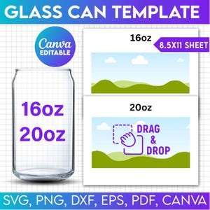 Könnte beinhalten: Eine digitale Vorlage für ein Glas-Dosen-Design. Die Vorlage ist für eine 16 oz oder 20 oz Dose. Die Vorlage ist in Canva bearbeitbar und enthält den Text "DRAG & DROP".