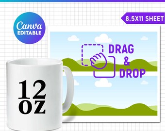 Puede incluir: Una plantilla de taza blanca de 12 oz con texto negro de 12 oz en la parte delantera. La plantilla es una descarga digital e incluye un diseño con cielo azul, nubes blancas y colinas verdes. El texto "DRAG & DROP" está en la plantilla. La plantilla es para usar con Canva.