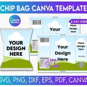 Peut inclure: Un modèle numérique pour la conception de sacs de chips. Le design présente un sac de chips avec le texte "Your Design Here" et un fond de ciel bleu et d'herbe verte. Des modèles supplémentaires sont affichés avec le texte "Place Design Here". Le modèle est modifiable sur Canva.