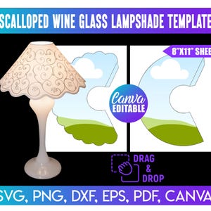 Könnte beinhalten: Eine weiße, geschwungene Weinkelampenschirmvorlage mit einem dekorativen Design. Das Bild enthält eine Lampe, Puzzleteile und den Text "Canva Editable". Die Vorlage ist für ein 20,3 cm x 28 cm großes Blatt und enthält SVG-, PNG-, DXF-, EPS-, PDF- und Canva-Formate.