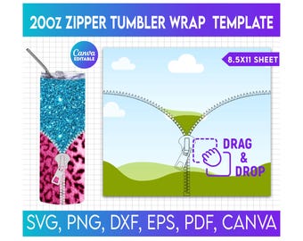 Tumbler met ritssluiting bewerkbare omslagsjabloon, canvas beker mockup, slepen en neerzetten voor magere beker van 20 oz, maak je eigen canvas bewerkbaar