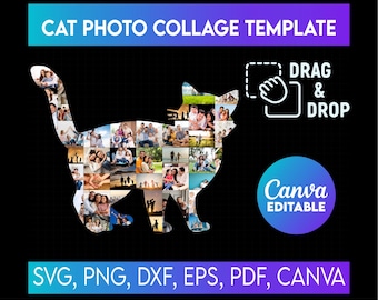 Cat Photo Collage Canva, Canva Frames Bundle, Drag and Drop Photo, DIY Picture Collage, Cat shape photo collage, pet photo collage