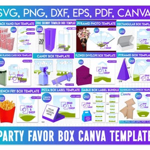 Puede incluir: Imagen que muestra varias plantillas de cajas para recuerdos de fiesta, incluyendo cajas de palomitas de maíz y cajas piramidales. La imagen incluye el texto "SVG, PNG, DXF, EPS, PDF, CANVA" y "PARTY FAVOR BOX CANVA TEMPLATE".