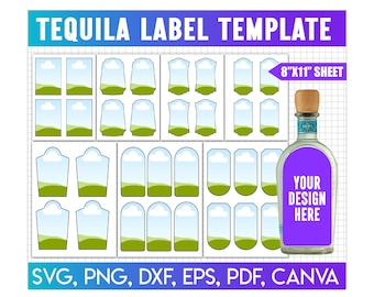 Könnte beinhalten: Ein Vorlagenbogen für Tequila-Etiketten mit verschiedenen Formen und Größen, einschließlich einer Flaschenattrappe. Die Etiketten zeigen ein Landschaftsdesign mit grünen Feldern und blauem Himmel. Der Text "TEQUILA LABEL TEMPLATE" steht oben, und "8"X11" SHEET" steht rechts.