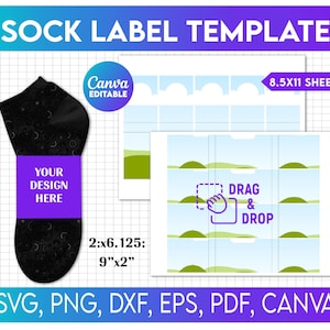 May include: A sock label template with the text "SOCK LABEL TEMPLATE". The design includes a black sock with a purple label that says "YOUR DESIGN HERE". The template is 9"x2" and is editable in Canva.