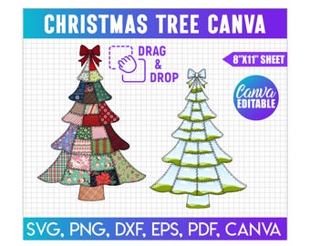 Könnte beinhalten: Zwei Weihnachtsbaum-Designs. Eines ist im Patchwork-Stil mit verschiedenen Stoffmustern, das andere ein minimalistisches Design. Der Text lautet "CHRISTMAS TREE CANVA", "DRAG & DROP" und "8"X11" SHEET". Das Bild enthält auch "Canva EDITABLE" und Dateitypoptionen.