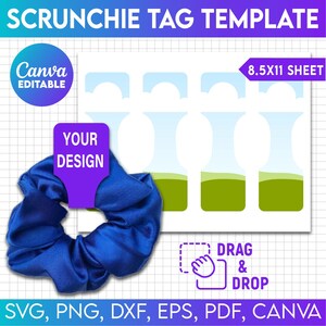Könnte beinhalten: Eine druckbare Vorlage für Scrunchie-Etiketten. Die Vorlage enthält sechs Etiketten mit einem Himmelblau- und Grünland-Design. Der Text "YOUR DESIGN" befindet sich auf einem violetten Rechteck. Der Text "DRAG & DROP" befindet sich auf einem weißen Rechteck mit einem Handsymbol. Der Text "8.5X11 SHEET" befindet sich auf einem weißen Rechteck. Der Text "Canva EDITABLE" befindet sich auf einem violetten Kreis. Der Text "SVG, PNG, DXF, EPS, PDF, CANVA" befindet sich am unteren Rand des Bildes.
