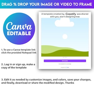 K&ouml;nnte beinhalten: Eine digitale Designvorlage mit dem Canva-Logo und dem Text "EDITABLE". Anweisungen zur Verwendung der Vorlage, einschlie&szlig;lich eines Links zu einer Notepad-Datei und Schritte zum Anpassen und Herunterladen des Designs, sind enthalten. Die Vorlage ist 10 x 10 m gro&szlig;.