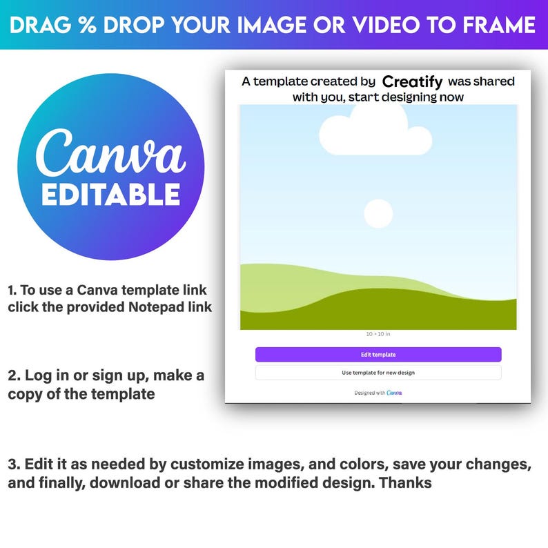 K&ouml;nnte beinhalten: Eine digitale Designvorlage mit dem Canva-Logo und dem Text "EDITABLE". Anweisungen zur Verwendung der Vorlage, einschlie&szlig;lich eines Links zu einer Notepad-Datei und Schritte zum Anpassen und Herunterladen des Designs, sind enthalten. Die Vorlage ist 10 x 10 m gro&szlig;.